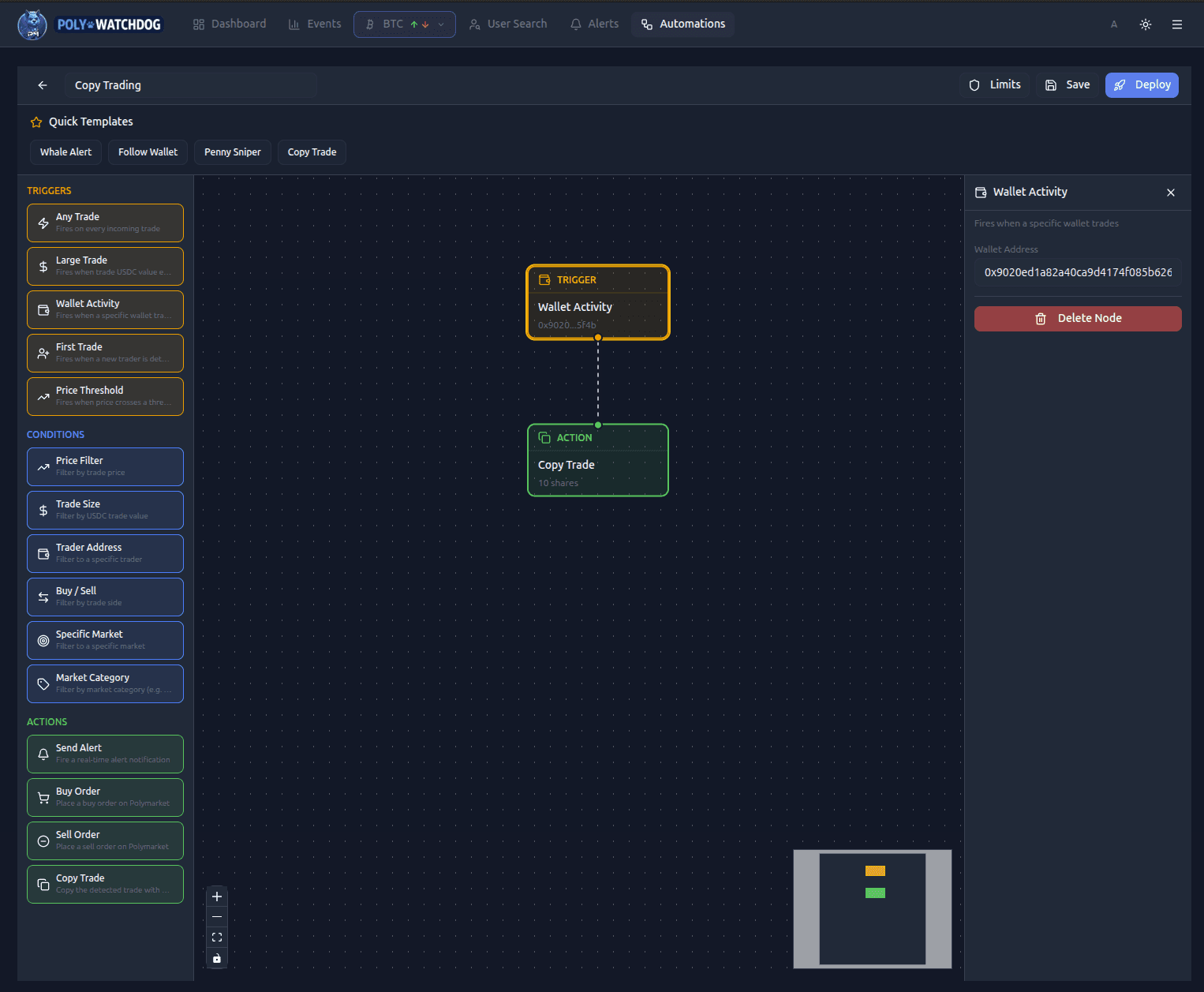 The automation builder canvas with palette, canvas, and config panel visible